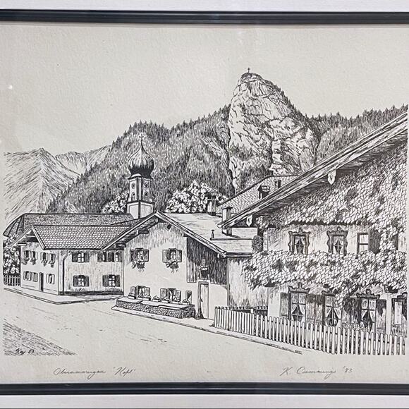 Framed Kofel Oberammergau Germany Signed Drawing Print Passion Play Bavaria Alps - Picture 2 of 10